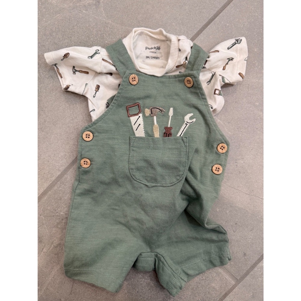 Pekkle Baby Boys Tool Print T-Shirt and Sage Green Overalls Set 3M 1750239